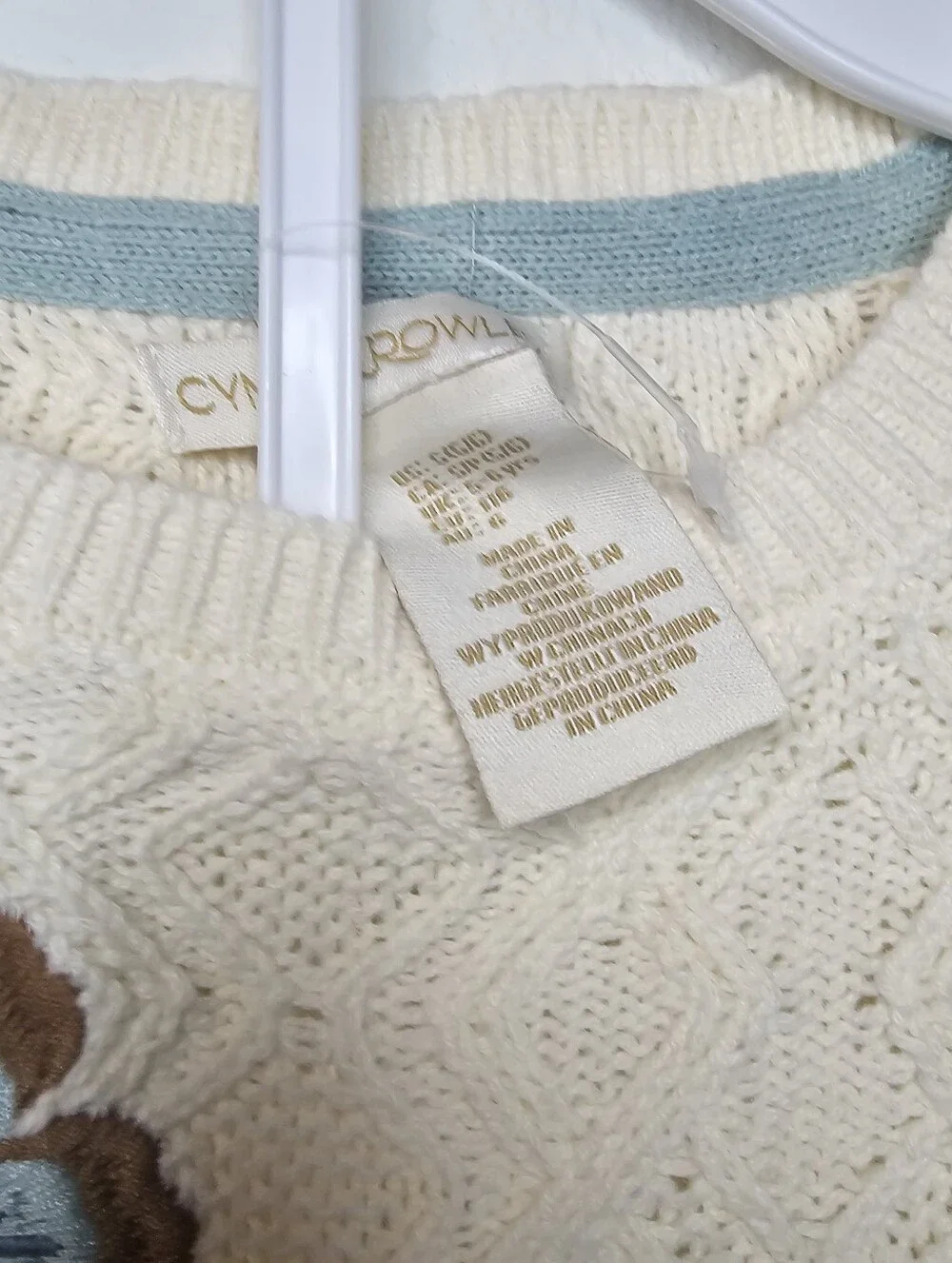 Cynthia Rowley Cream Cable-Knit Sweater with Blue & Brown Floral Embroidery